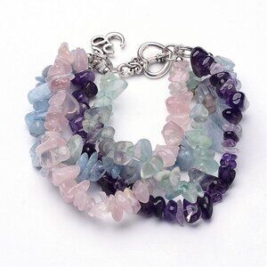 Natural Gemstone Multi-strand Bracelet W Alloy Bar & Ring Toggle Clasp Handmade